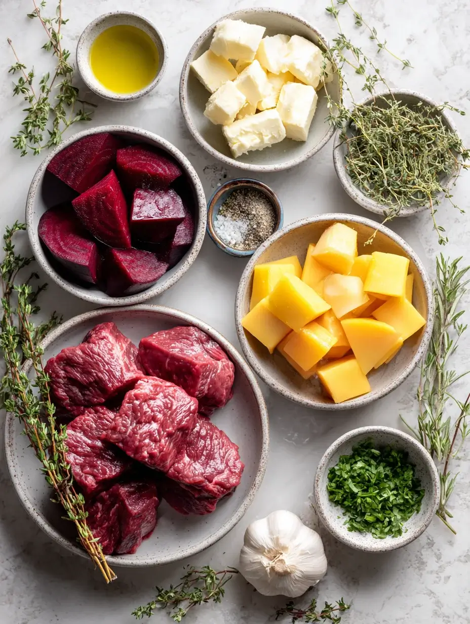 Fresh ingredients for beef tenderloin garden essence recipe