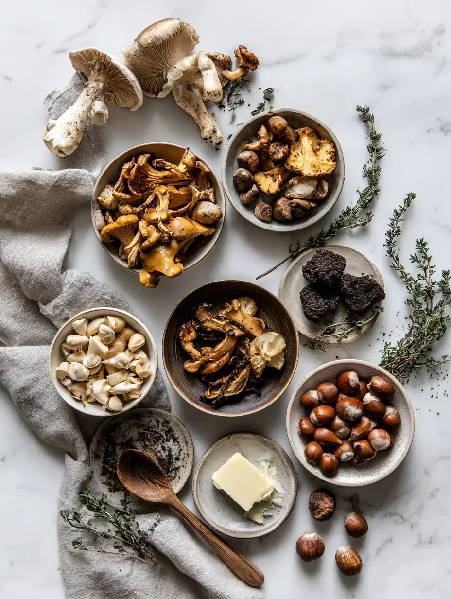 Flat lay of wild mushrooms, chestnuts, truffles, and thyme.