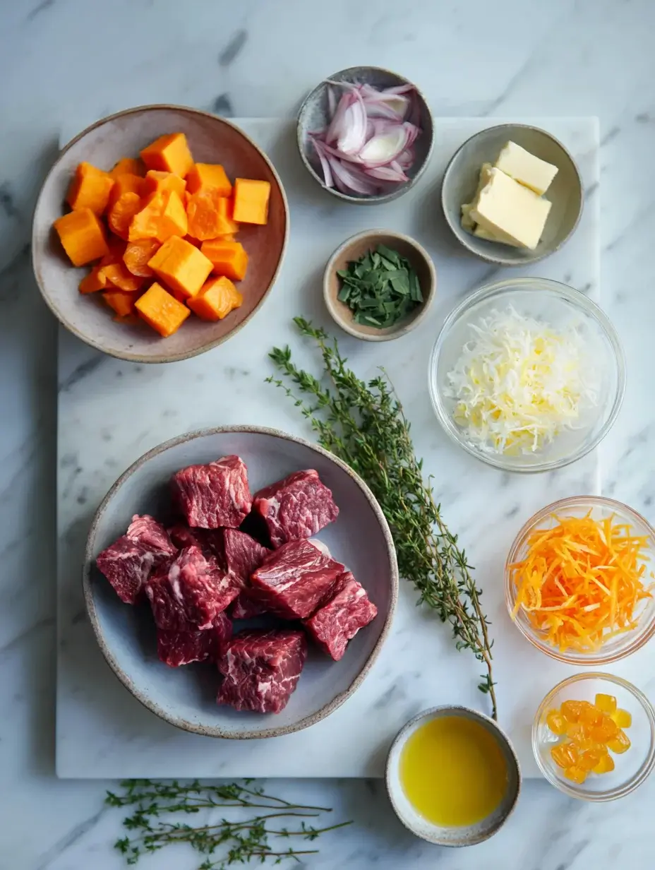 Ingredients for Beef Tender Bouchée recipe displayed on a marble counter.