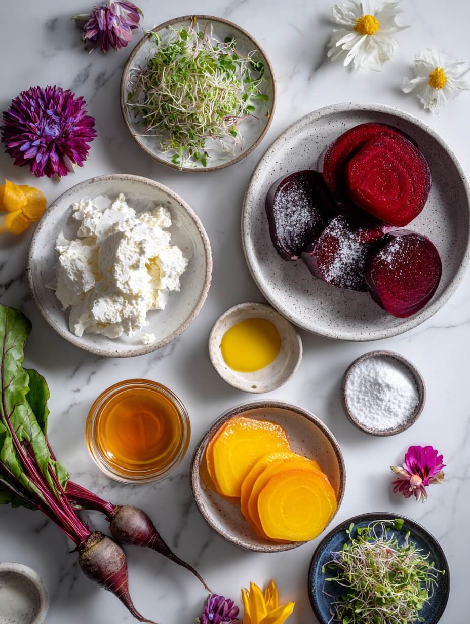 Fresh ingredients for Beetroot Mille-Feuille arranged on marble.