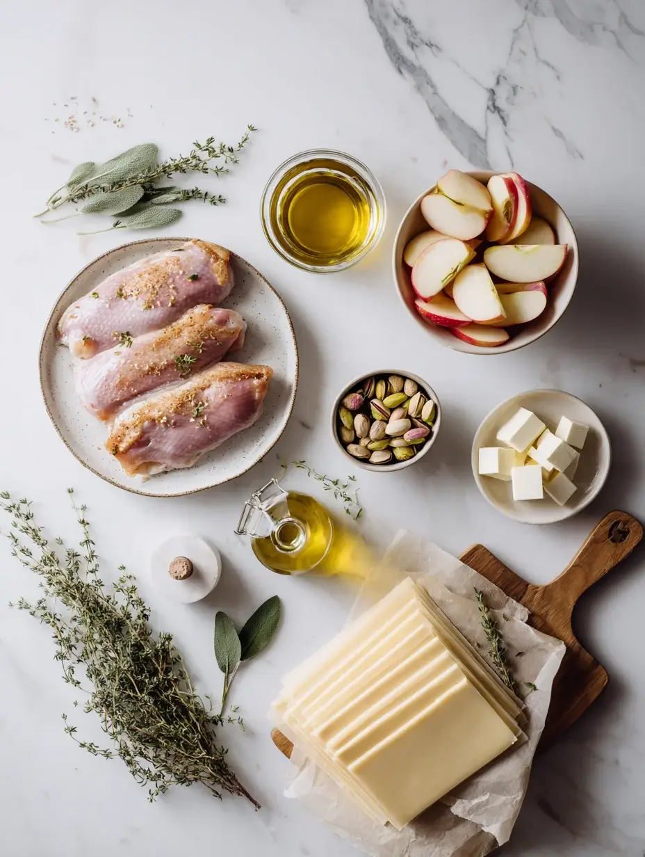 Flat lay of ingredients for Duck and Apple Mille-Feuille on marble counter