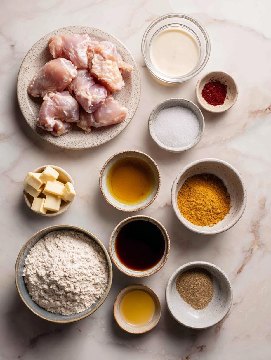 Ingredients for buttermilk fried chicken bites and maple mustard sauce.