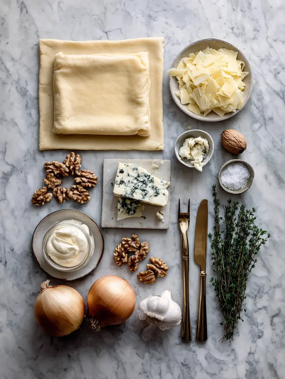 Ingredients for Mini Caramelized Onion Tartlet with Blue Cheese Mousse and Walnut Soil