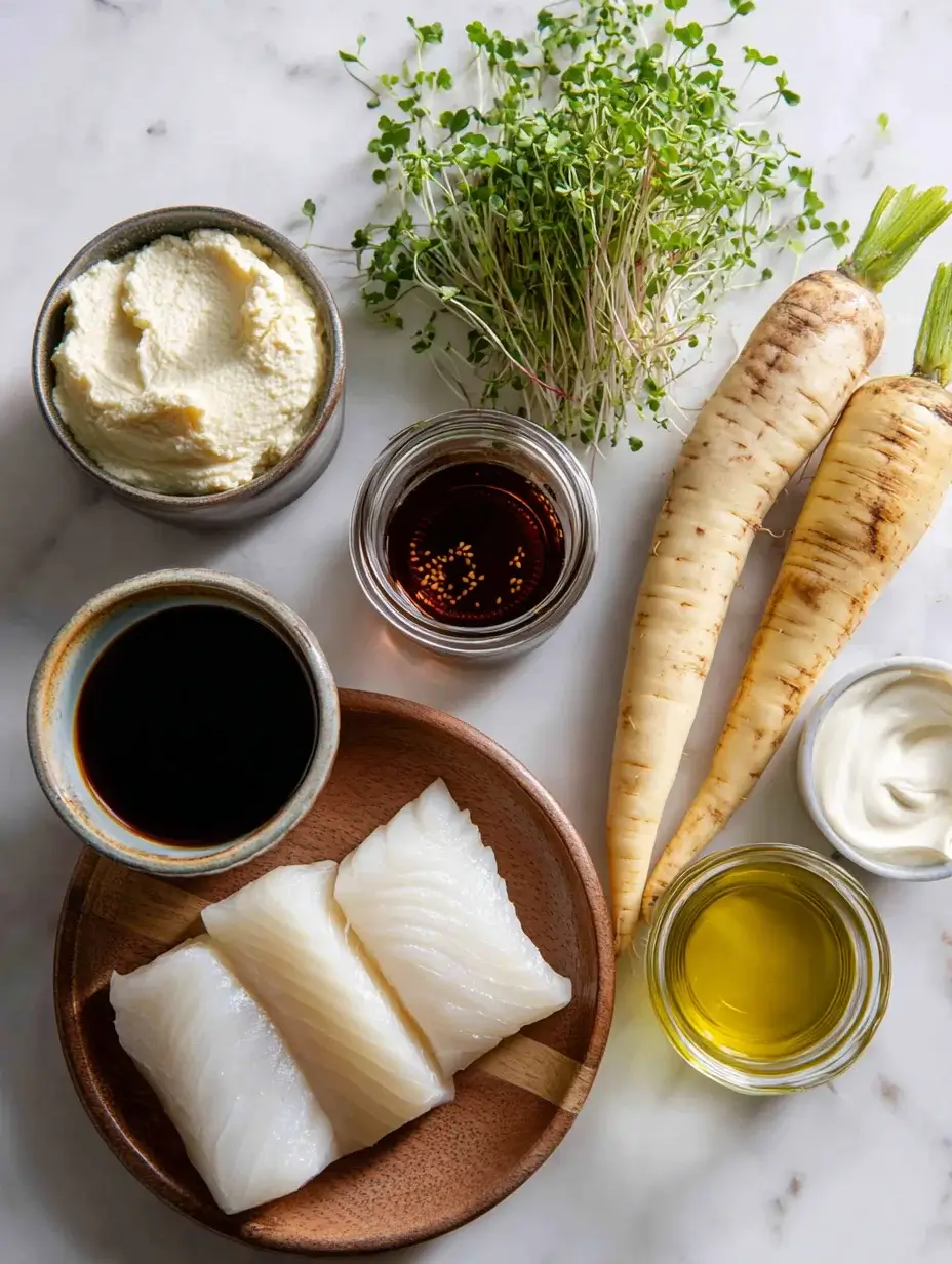 Flat lay of ingredients for miso–honey glazed black cod.