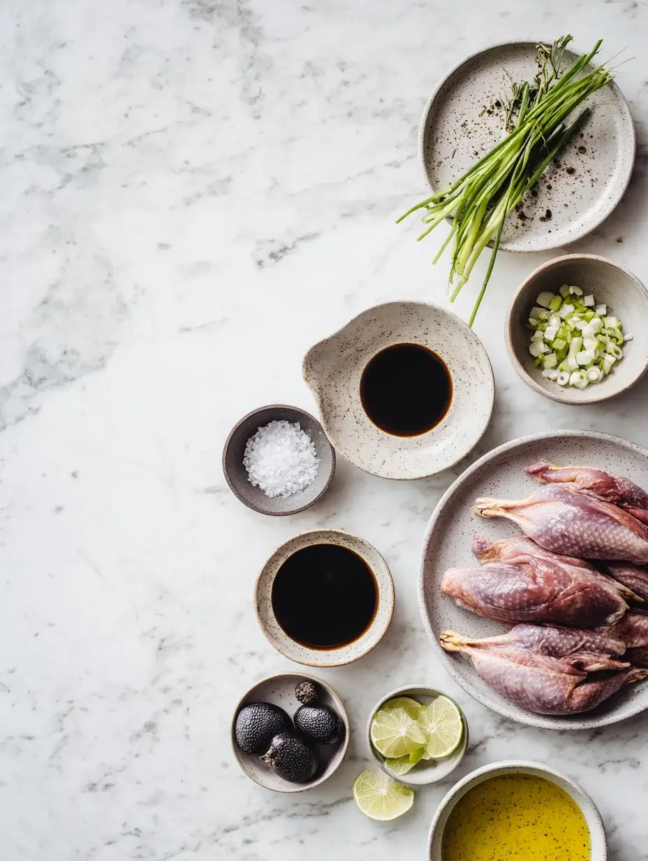 Ingredients for roasted quail breast with sesame caramel