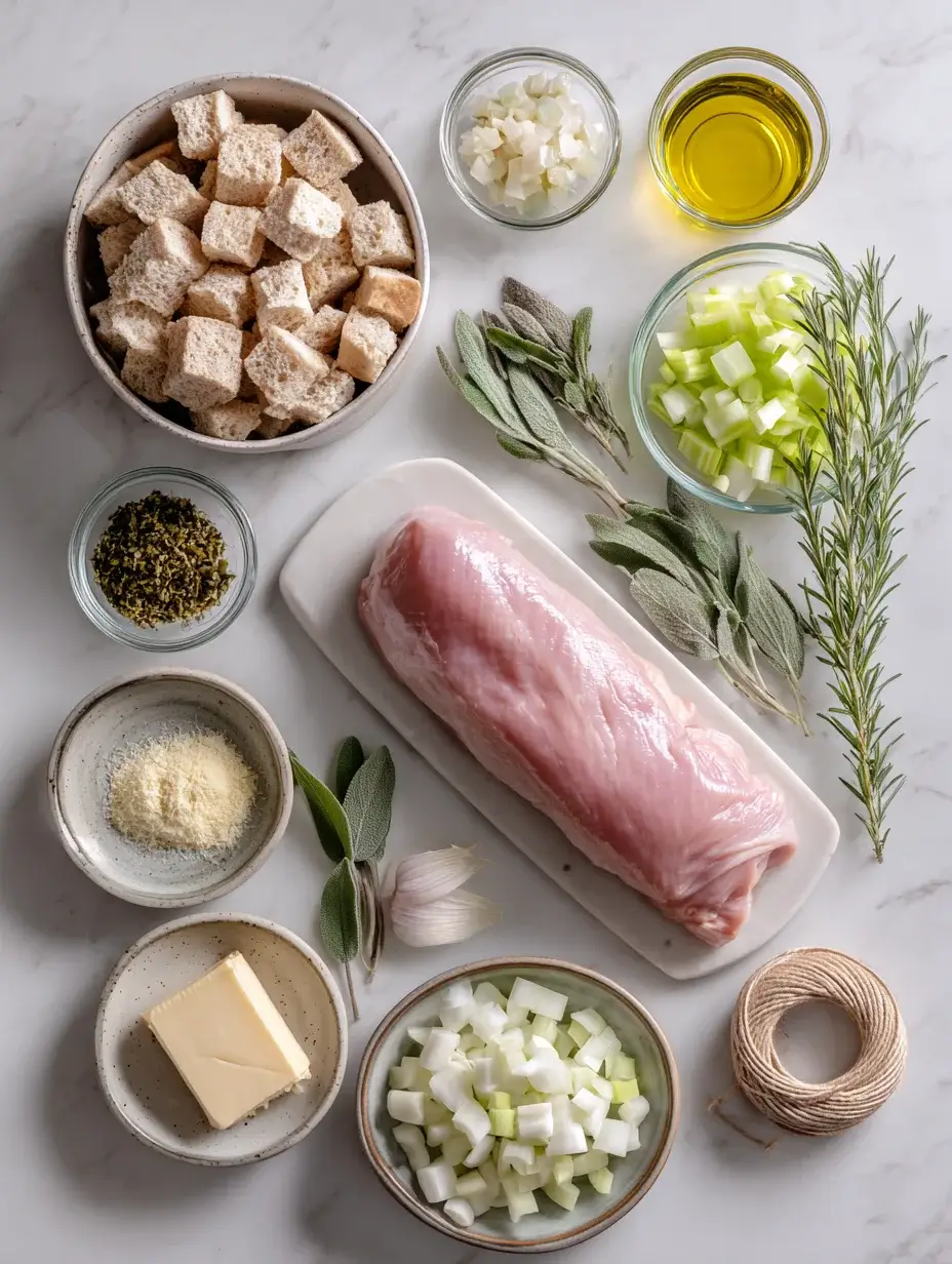 Flat lay of turkey roulade ingredients on marble countertop