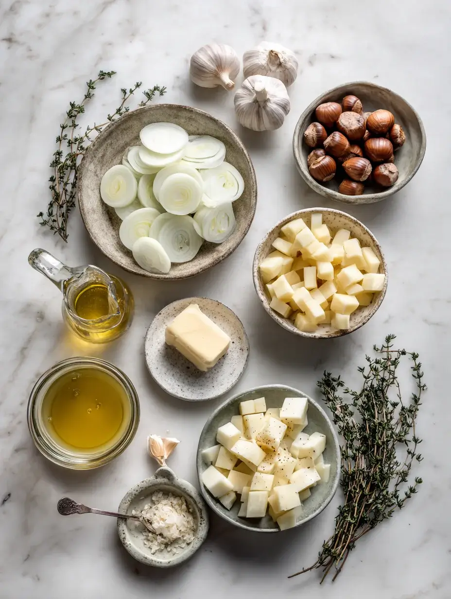 Ingredients for Amazing Onion Velouté neatly arranged on marble countertop.