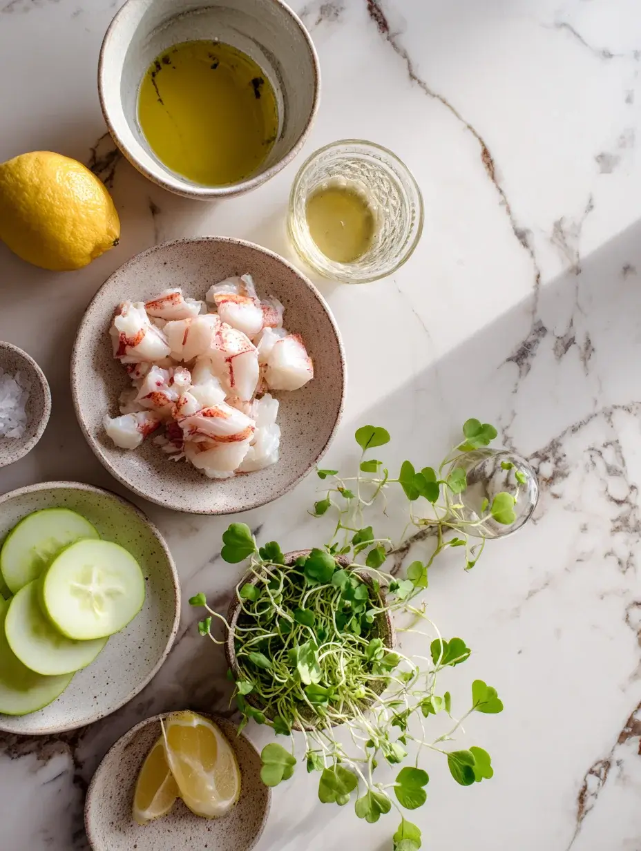 Fresh ingredients for Crab and Green Apple Salad arranged in bowls