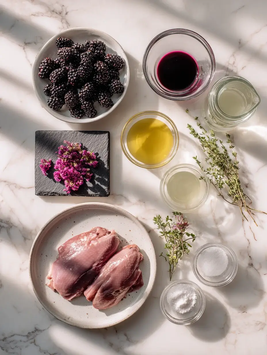 Ingredients for Duck Rose with Blackberry Gastrique arranged neatly.