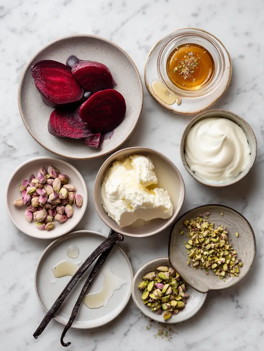 Flat lay of ingredients for Beet and Vanilla Blossom Entremet on marble.