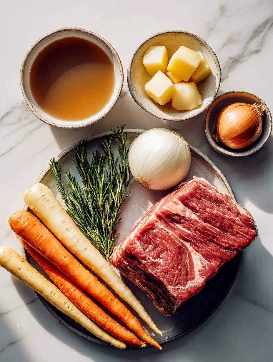 Ingredients for beef pot roast laid out on marble counter.