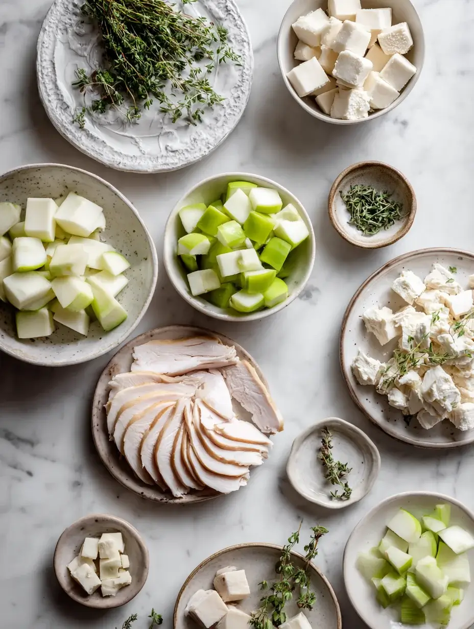 Fresh ingredients for smoked chicken tartlets arranged on a marble countertop.
