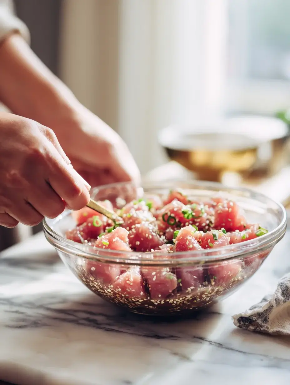 Mixing fresh Tuna Tartare with soy and sesame