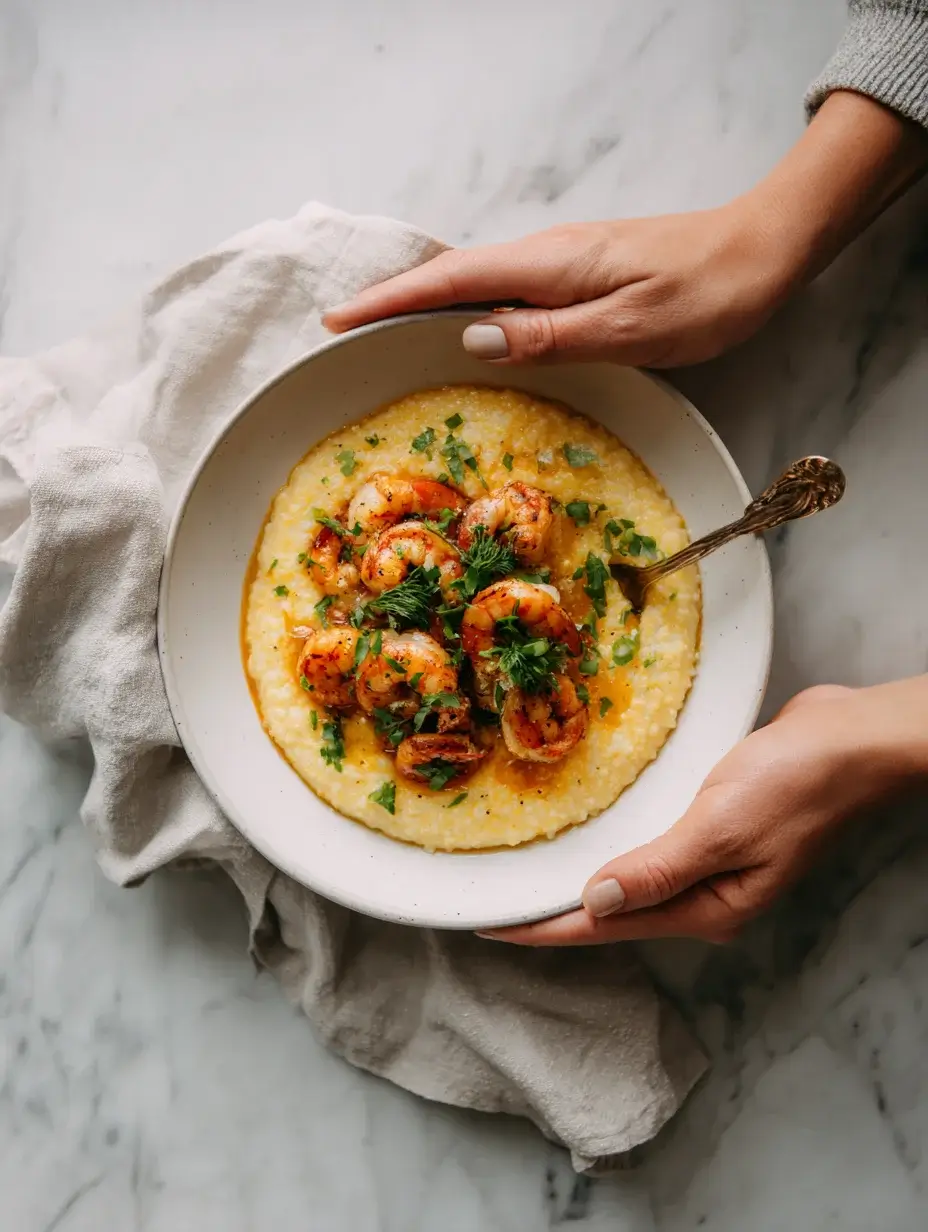 Serving Louisiana Shrimp & Grits into a bowl.