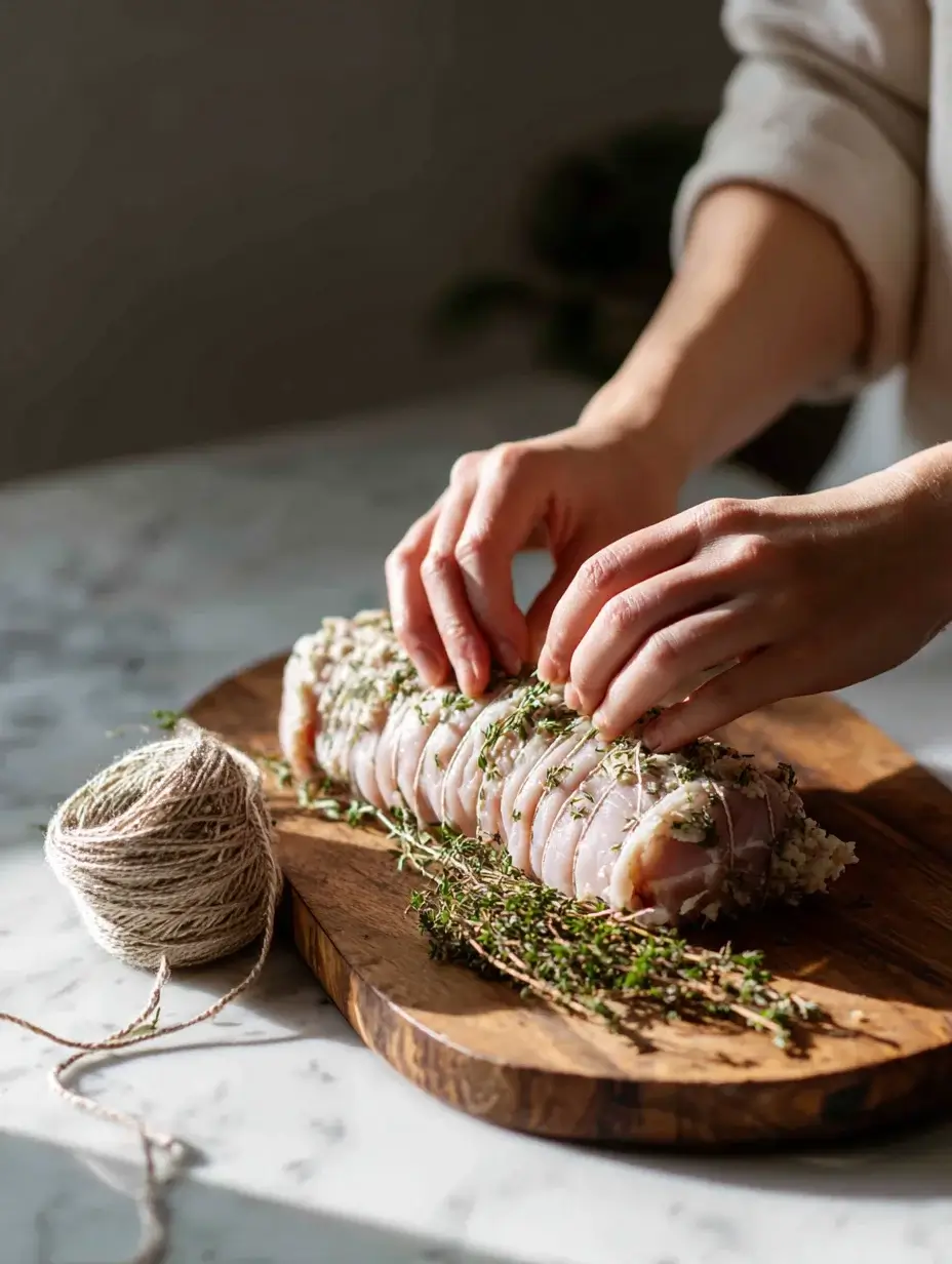 Rolling turkey breast with herb stuffing for turkey roulade
