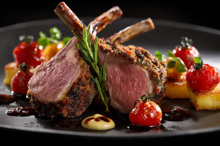 Herb-crusted rack of lamb plated with potato galette, roasted tomatoes, and sauces on marble countertop.