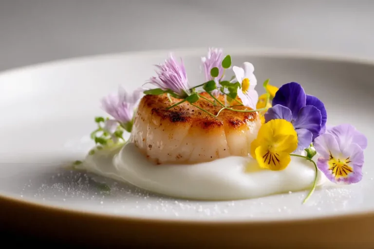 Seared scallop on vanilla–corn cloud with lemon ash plated elegantly on a marble countertop.