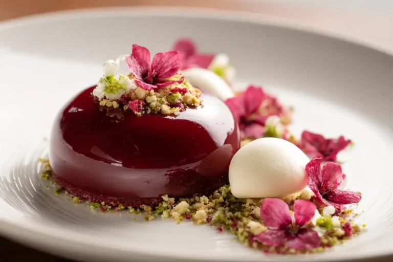 Beet and Vanilla Blossom Entremet with goat cheese mousse and pistachio crumb plated on marble.