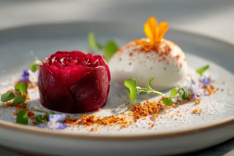 Beet Rose Terrine with labneh cream and orange blossom dust on marble countertop.
