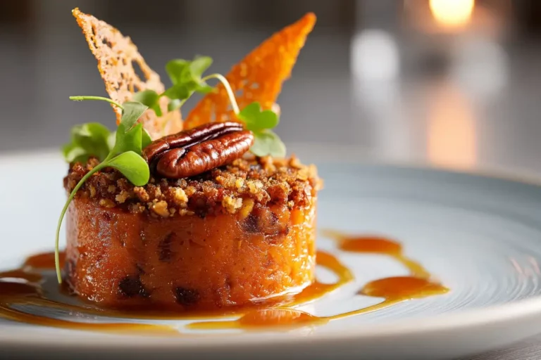 Maple Sweet Potato Casserole with golden pecan topping in white dish.
