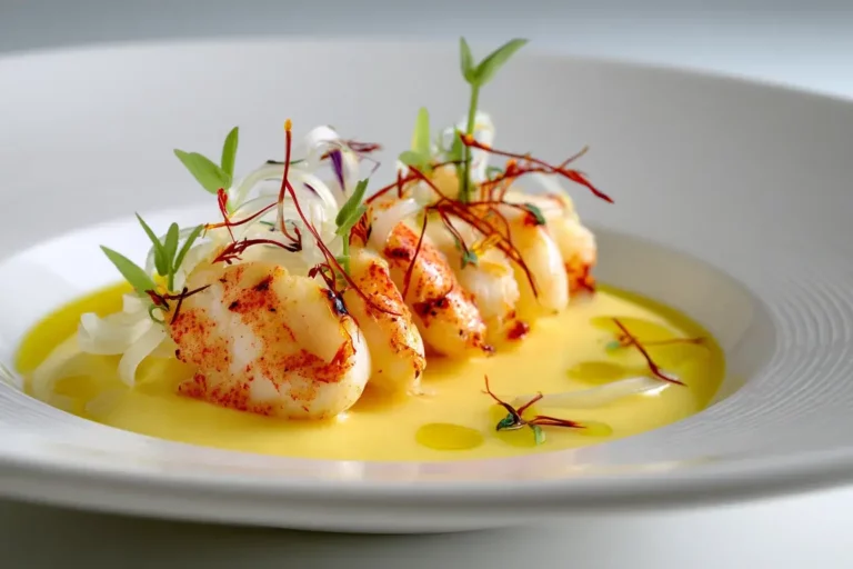 Lobster and Sweet Corn Silk plated with saffron corn purée and lemon blossom oil.