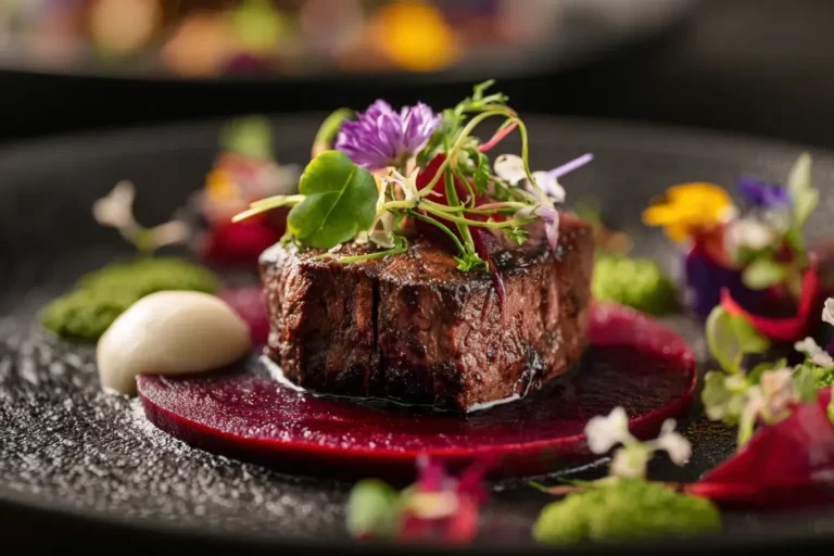 Beef tenderloin with beetroot purée and parsnip cream on marble countertop