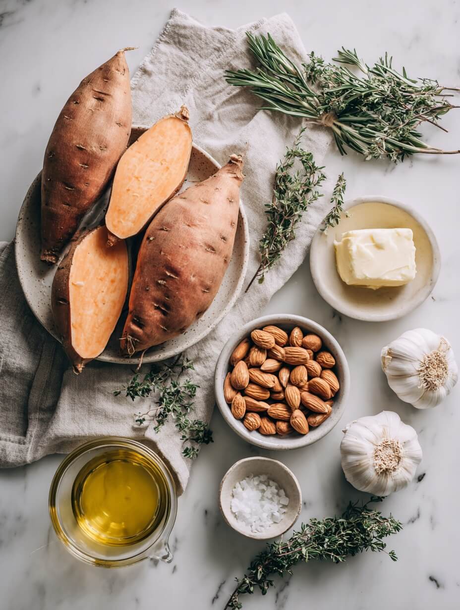 Ingredients for Sweet Potato Fondant on marble countertop.
