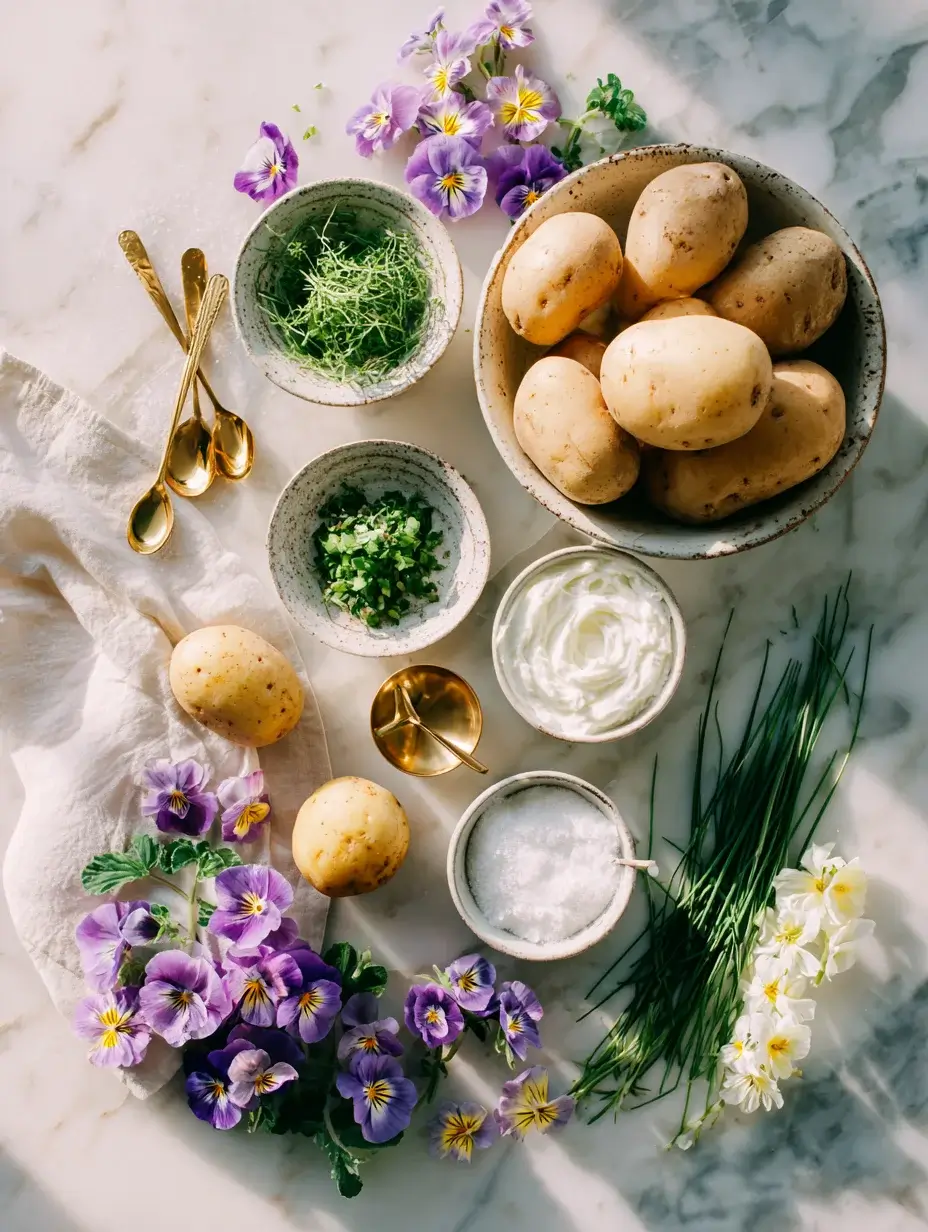 Ingredients for Crispy Potato Crown neatly arranged on marble.