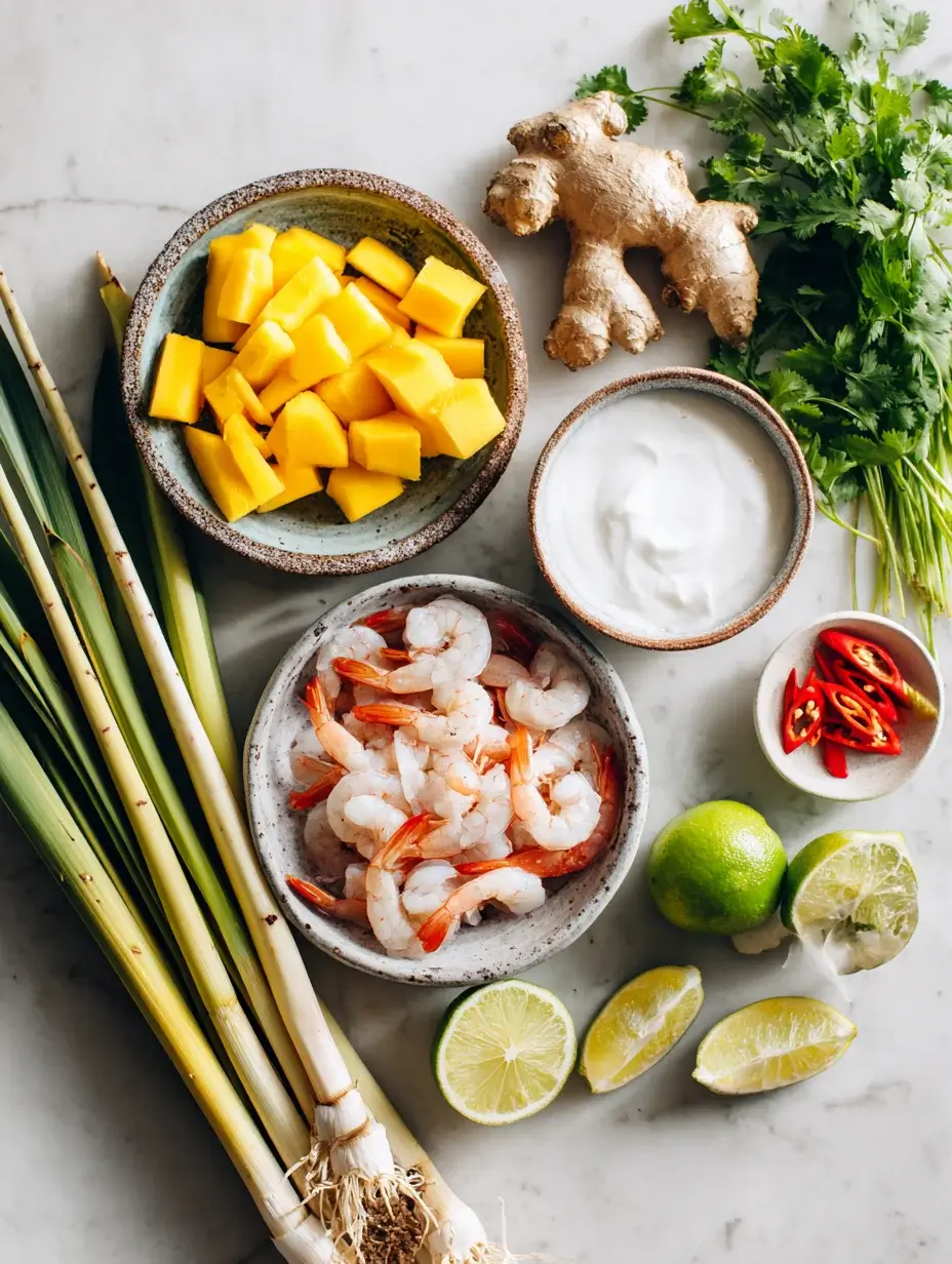 Fresh ingredients for Lemongrass Poached Shrimp neatly arranged.
