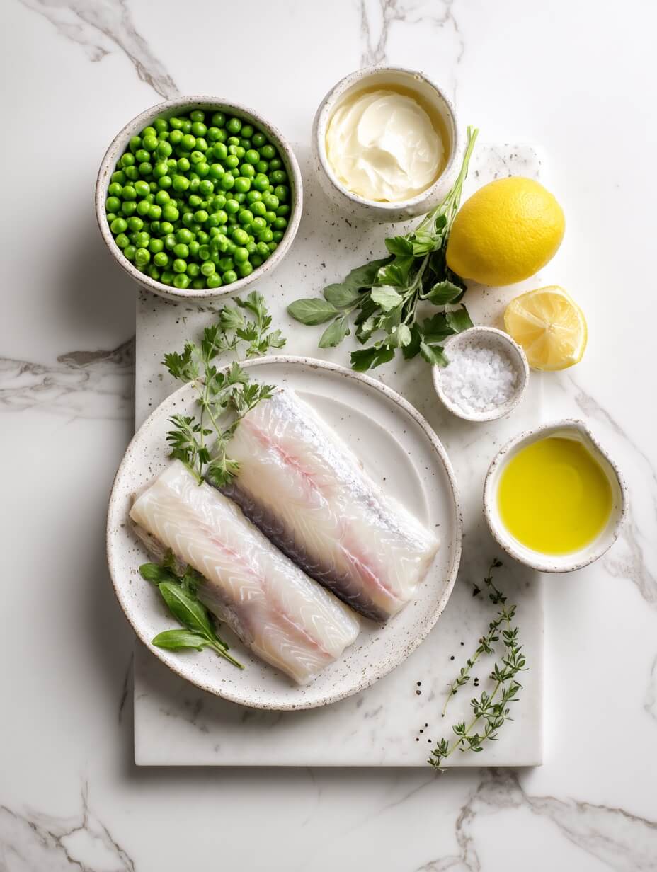 Fresh seabass fillets and ingredients for green pea emulsion arranged on marble counter.