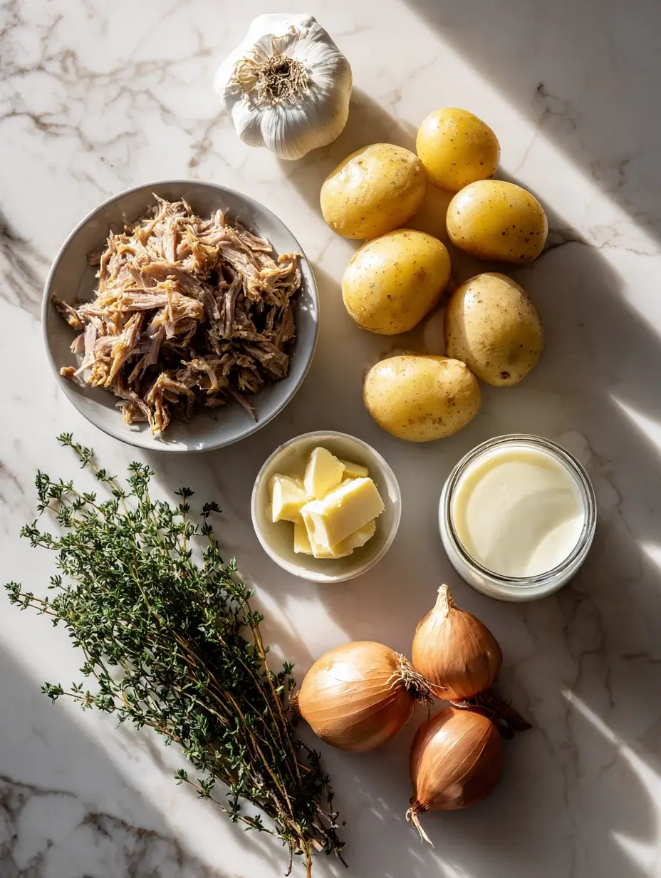 Ingredients for Mini Duck Confit Parmentier arranged on marble countertop.