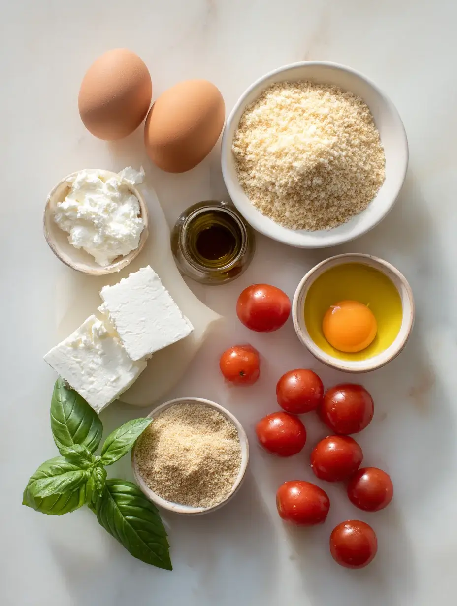 Ingredients for Savory Cheesecake Bites arranged on marble countertop.