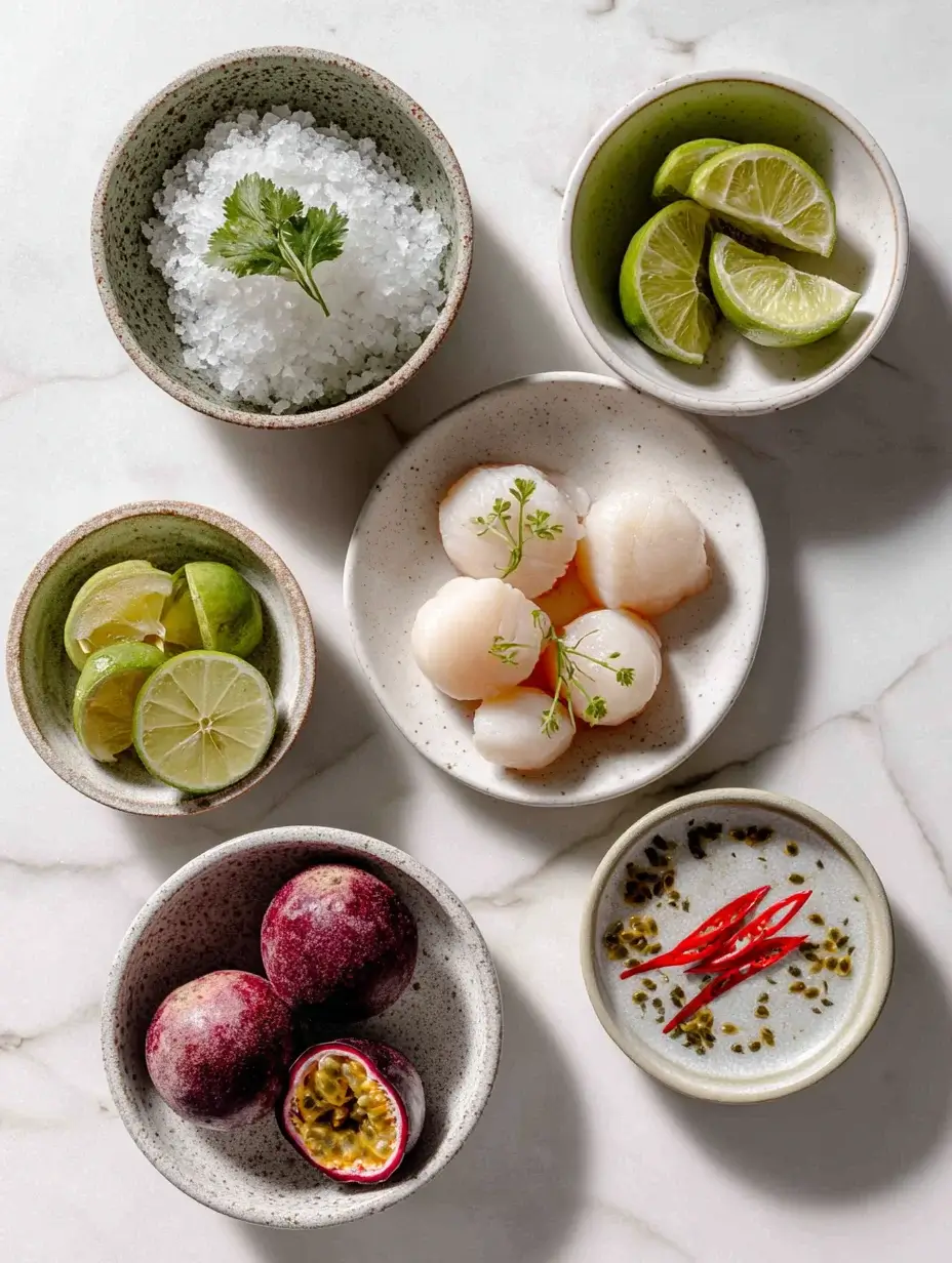 Ingredients for Scallop Ceviche displayed in ceramic bowls on marble.