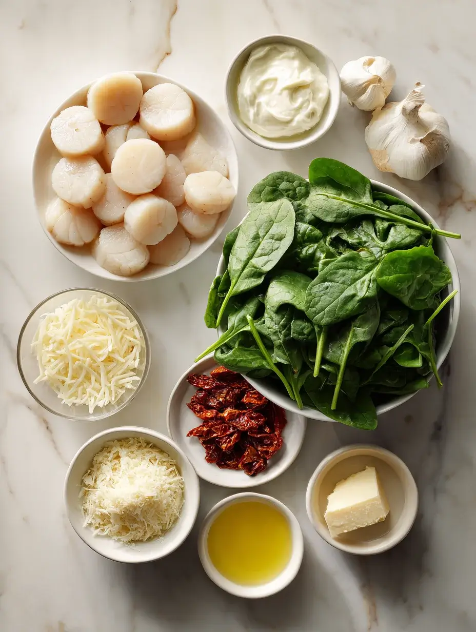 Ingredients for creamy Tuscan scallops on marble counter