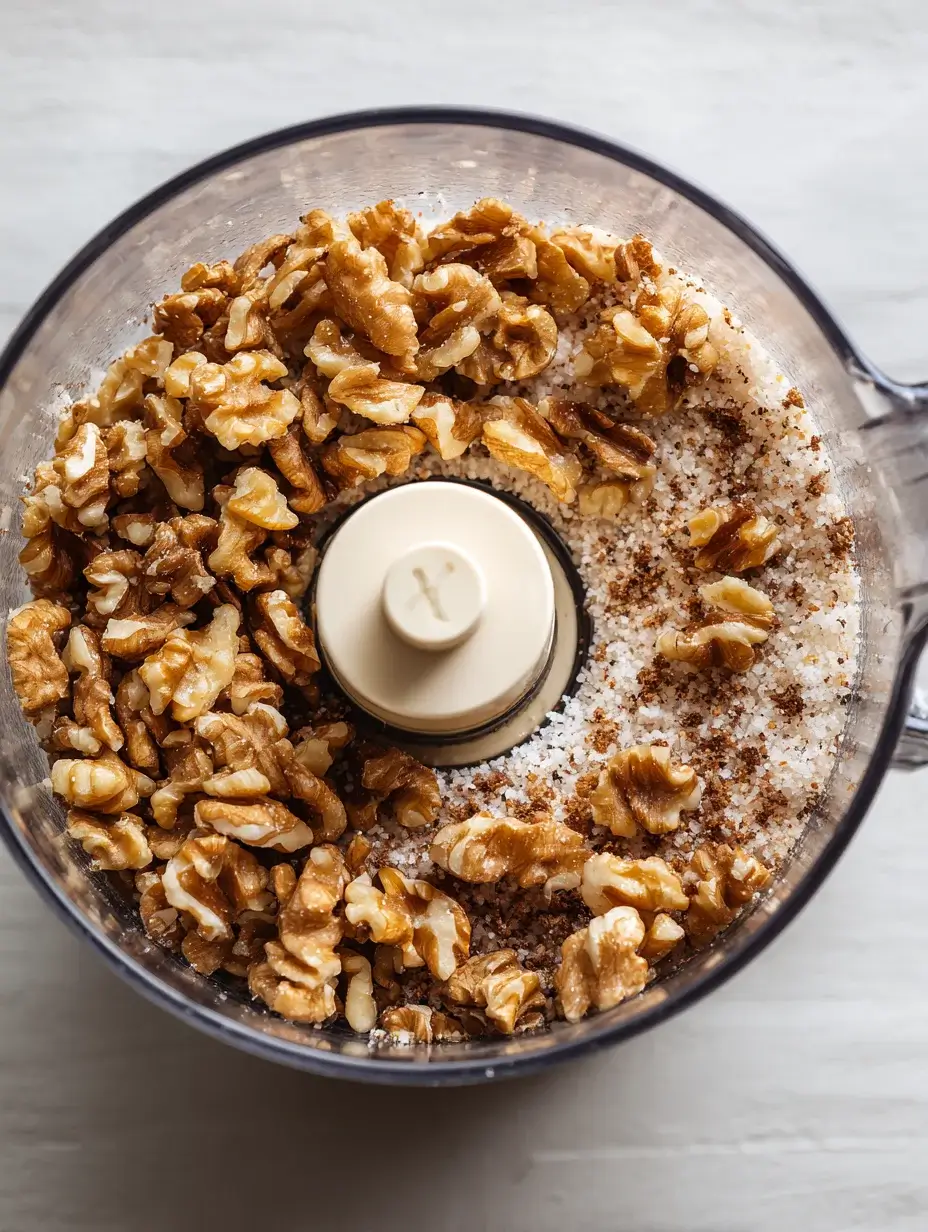 Toasted walnuts and sea salt in a food processor ready to be ground into walnut dust for Beetroot Risotto.