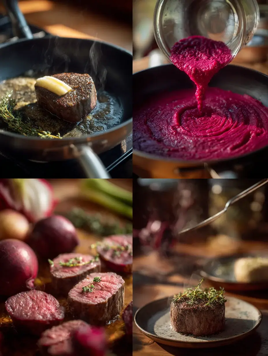 Cooking process of beef tenderloin with beetroot purée and parsnip cream