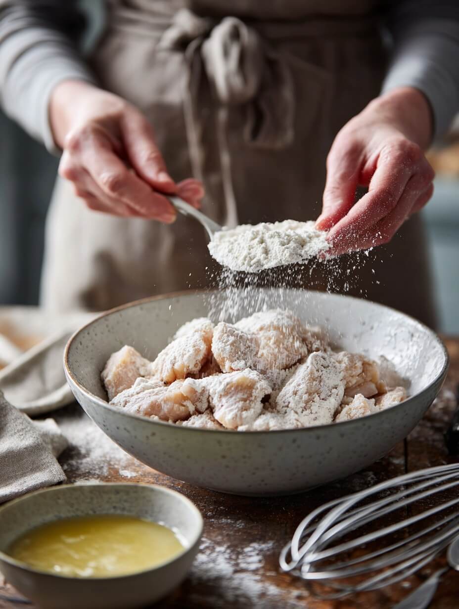 Coating chicken pieces in seasoned flour before frying.