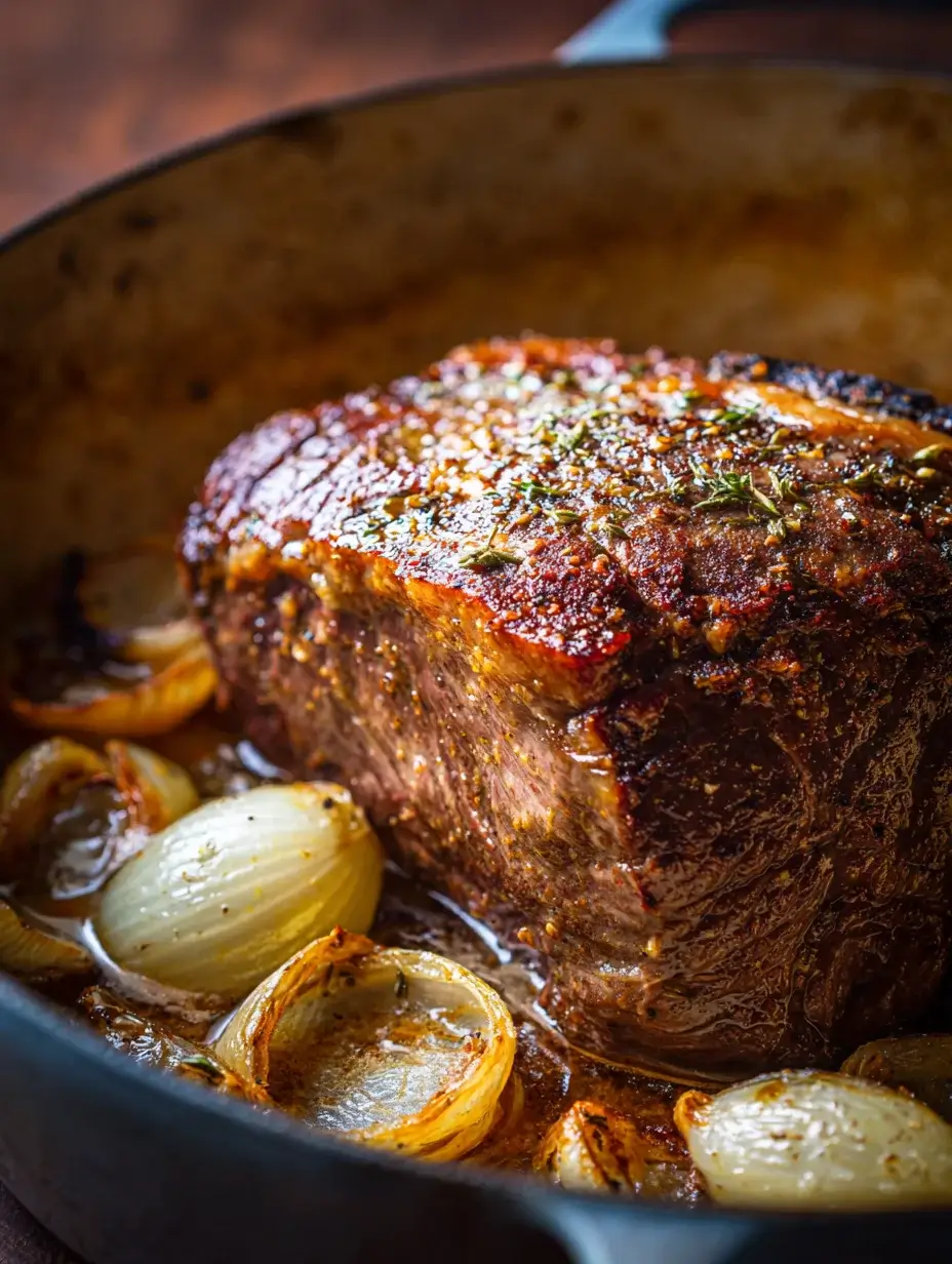 Searing beef roast in Dutch oven with onions and garlic.