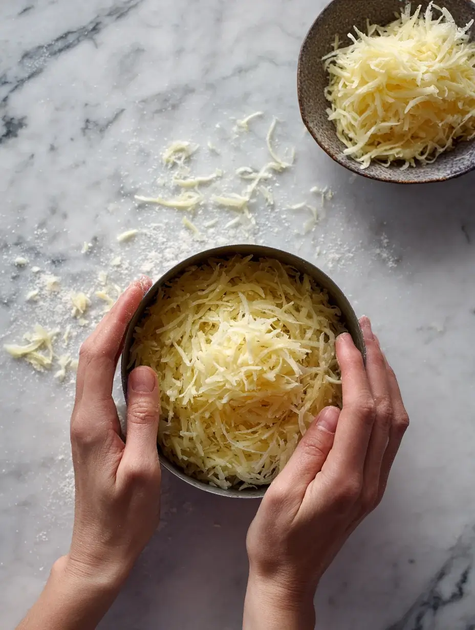 Shaping shredded potato into a crown before frying.