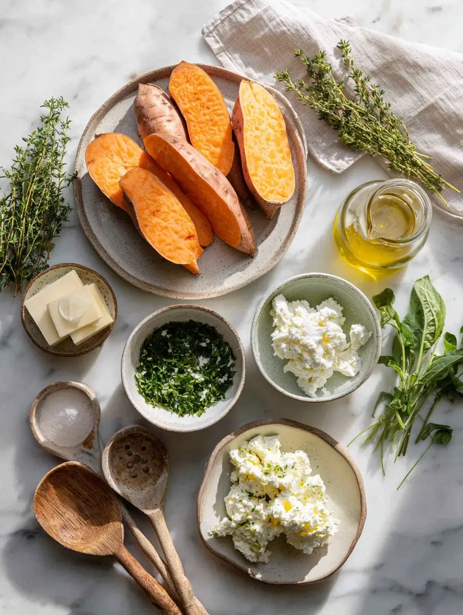 Sweet potatoes, ricotta, herbs, and truffle oil ingredients arranged on a marble counter.