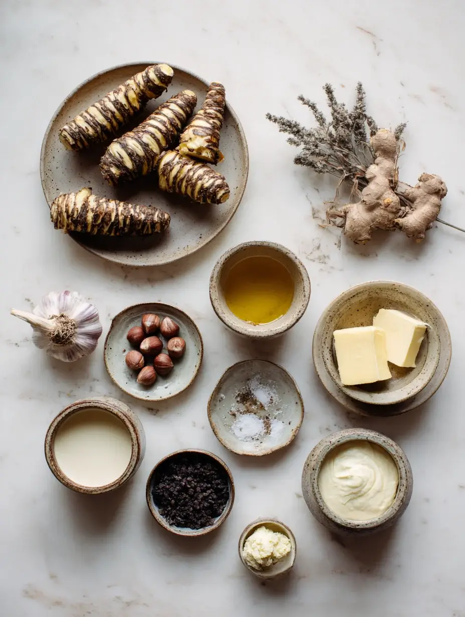 Flat lay of Jerusalem artichokes, hazelnuts, black garlic, and cream on a marble surface.