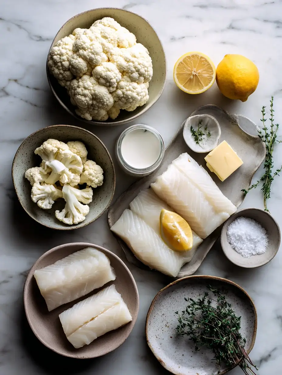 Fresh halibut, cauliflower, lemon, thyme, and butter arranged on marble.