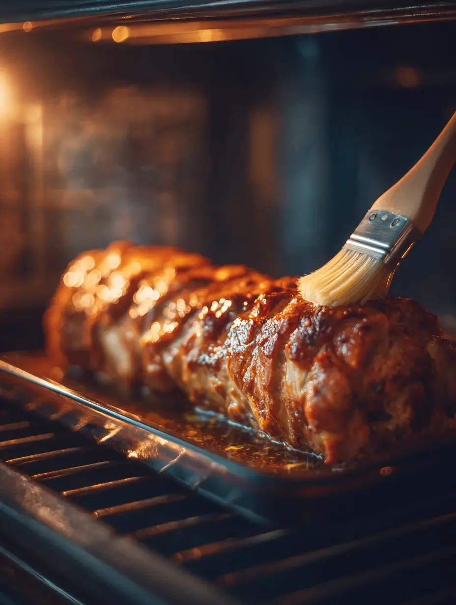Turkey roulade roasting in oven with golden glaze