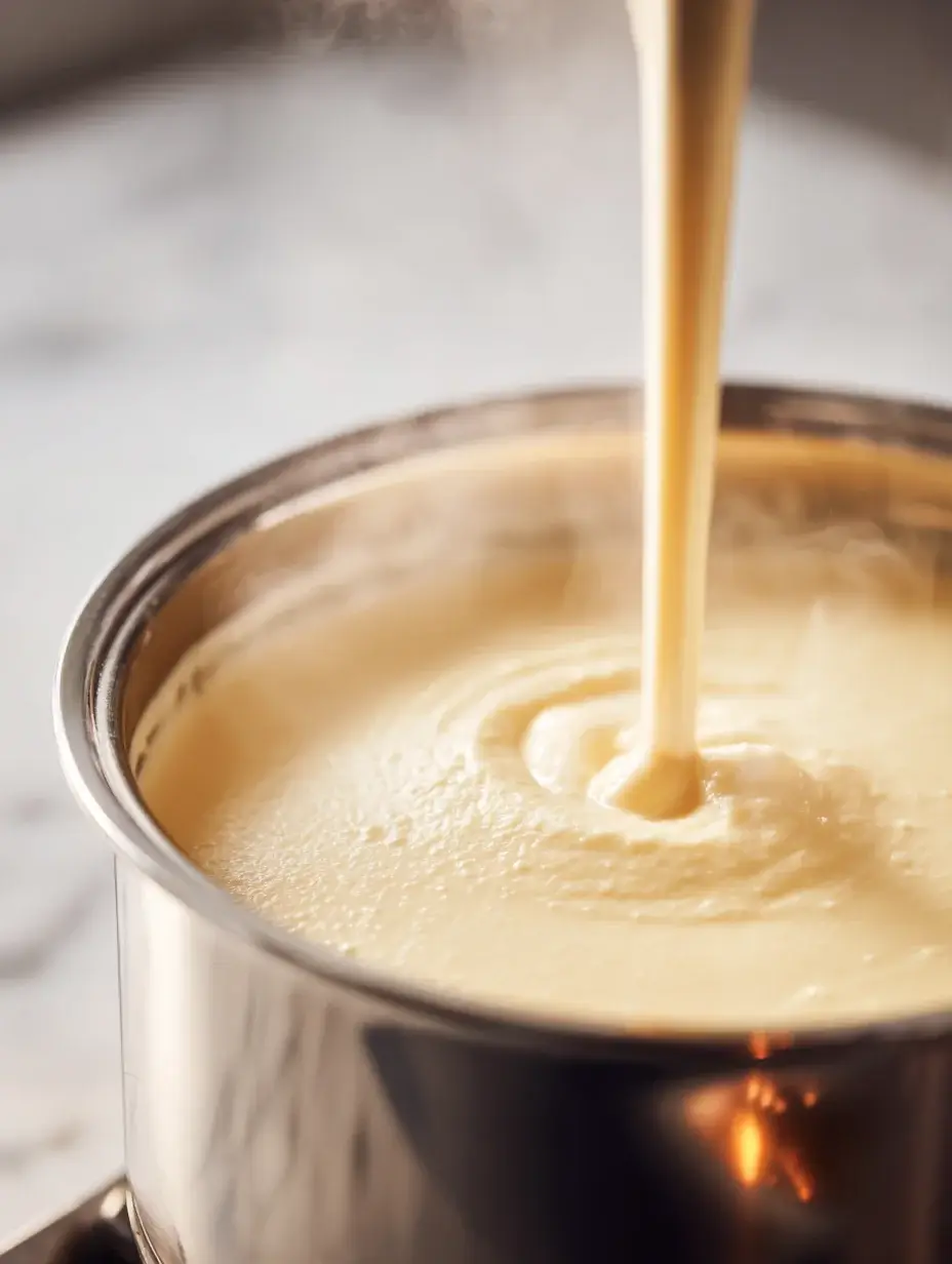 Macro close-up of cauliflower velouté being blended in a pot.