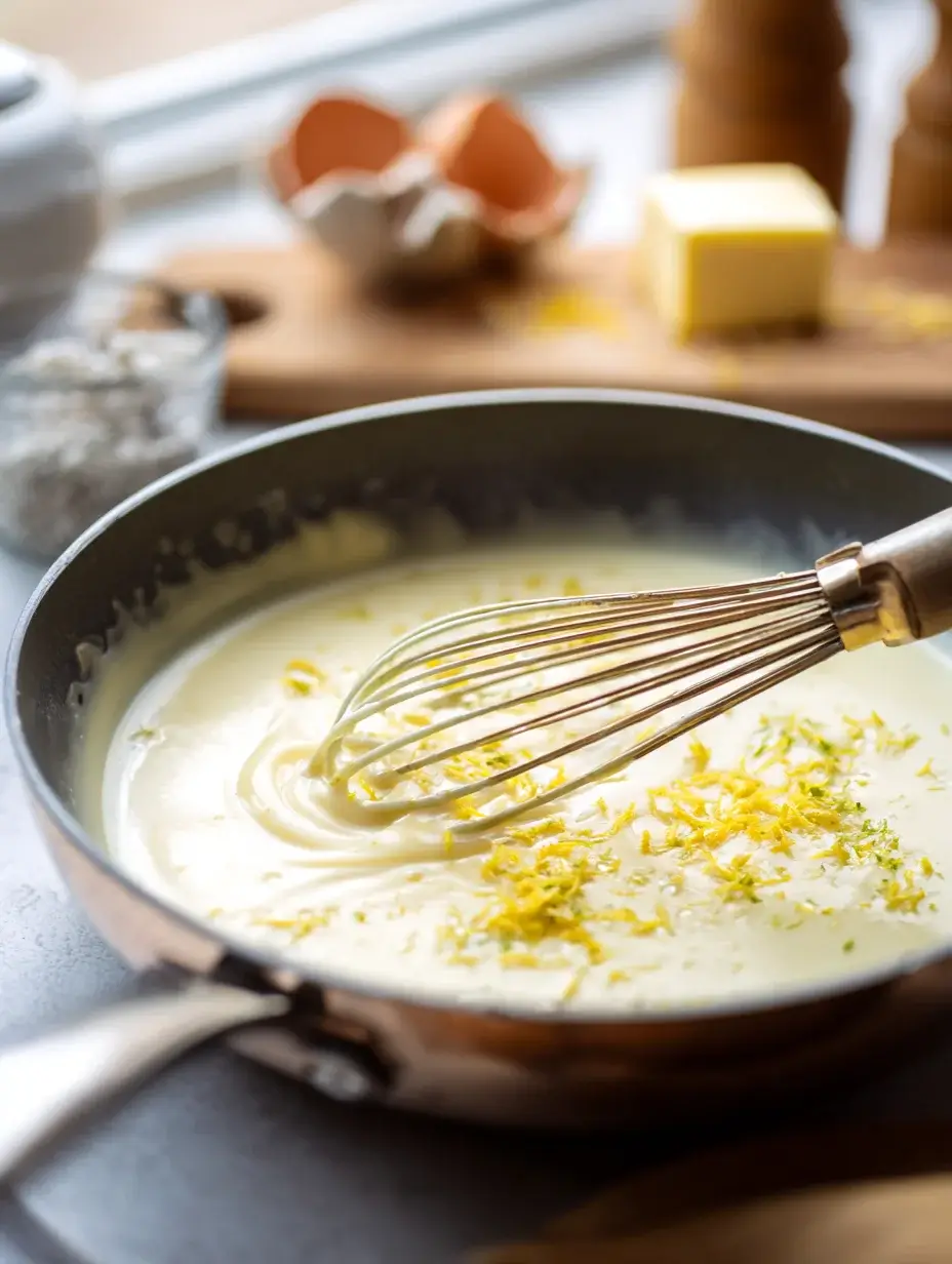 Creamy lemon sauce being whisked for Garlic Butter Shrimp.