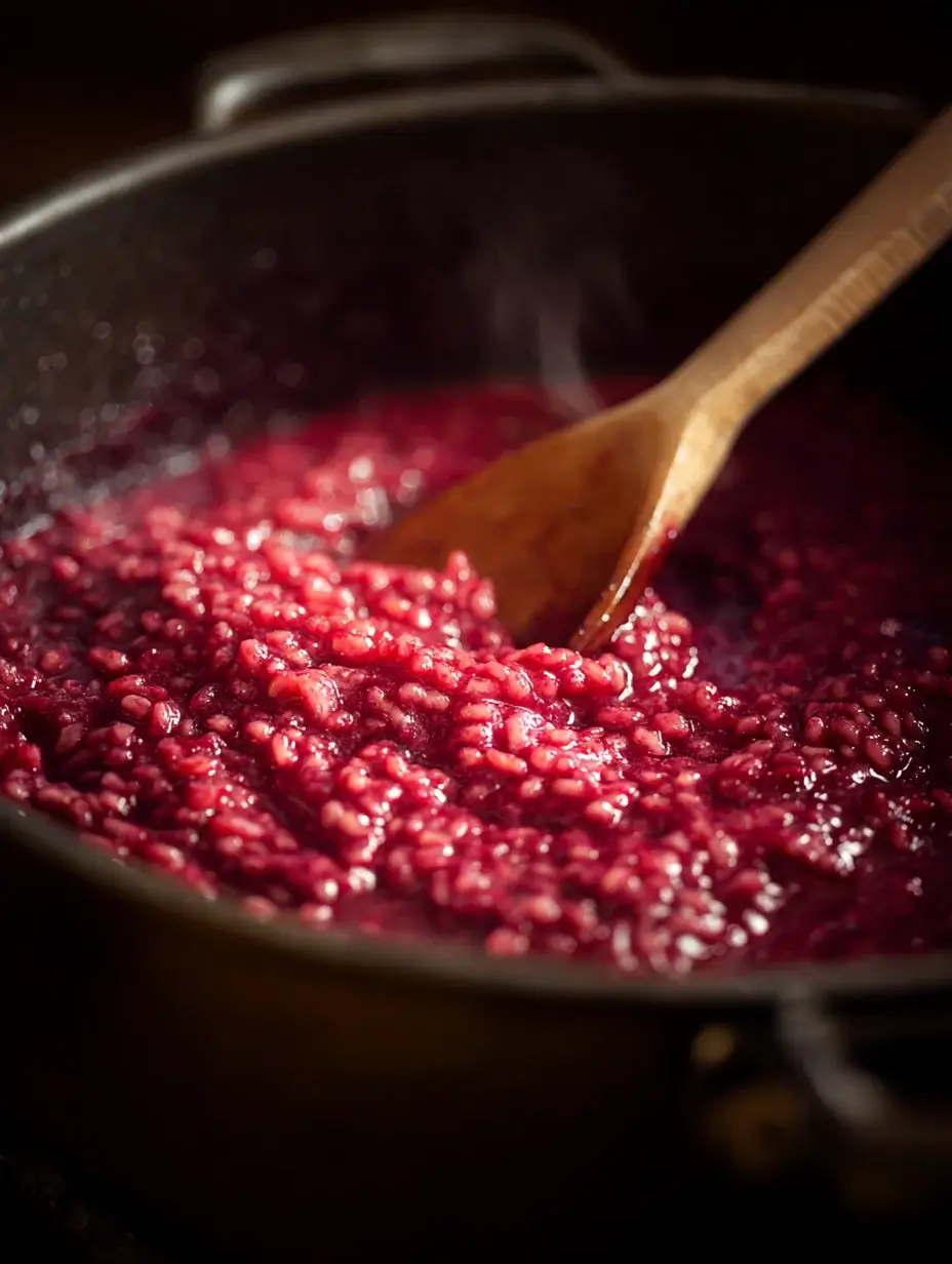 Close-up of stirring beet puree into creamy risotto with a wooden spoon
