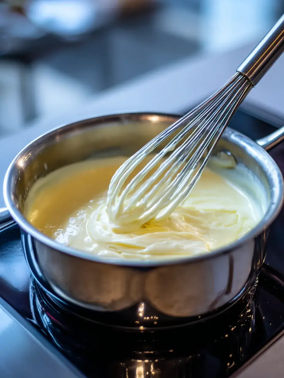 Melting Brie cheese and cream in a saucepan for mousse