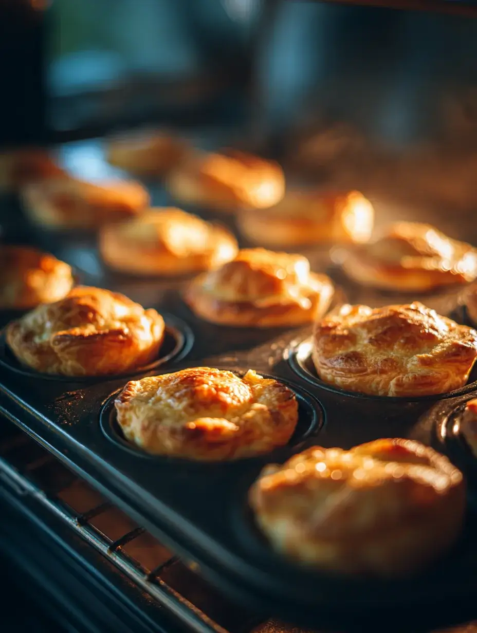 Mini puff pastry shells baking in a muffin tin