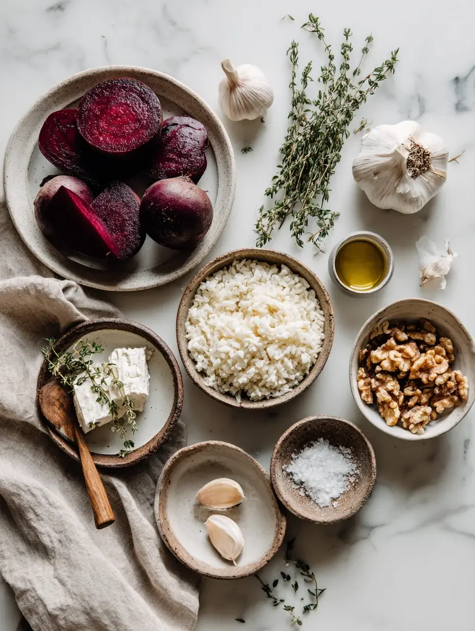 Ingredients for Beetroot Risotto including beets, rice, goat cheese, and walnuts on marble countertop