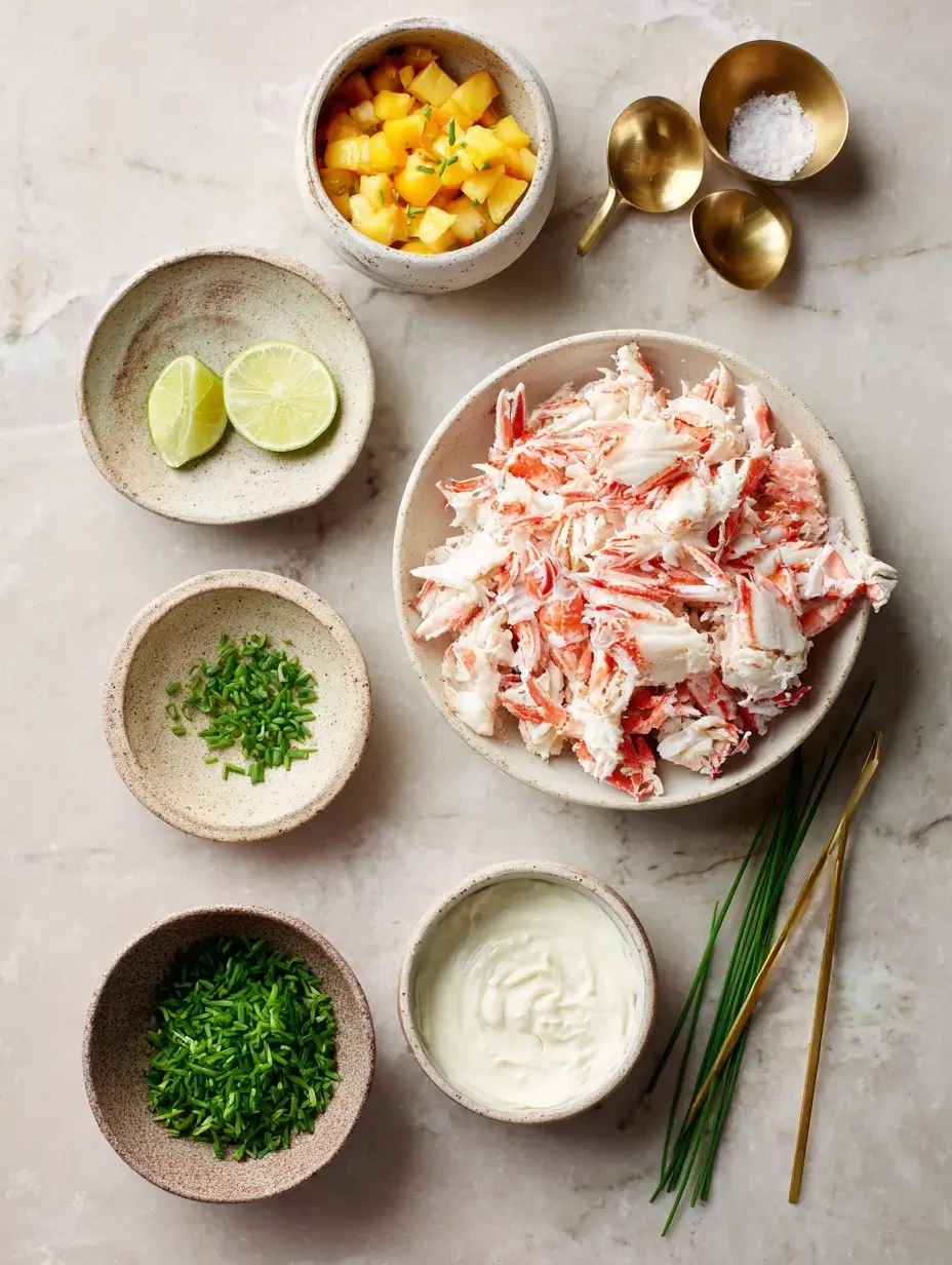 Ingredients for Mini Crab and Mango Cylinder laid out on marble